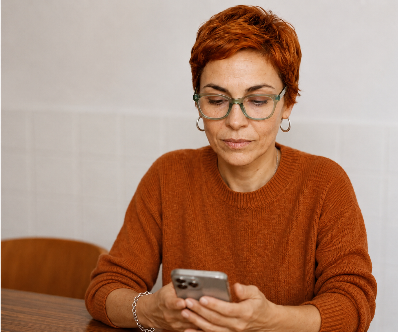 Kvinde med briller skriver med Ryma på sin telefon